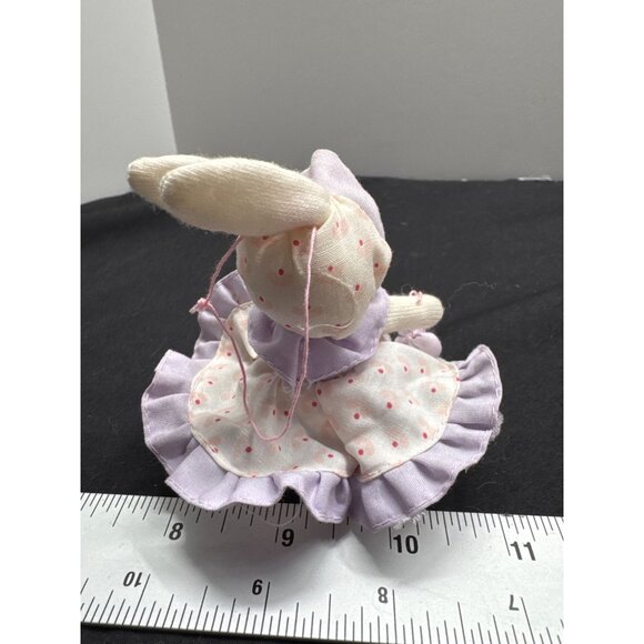 Vintage Russ Berrie Mini Bunny Plush Doll With Purple Polka Dot Dress & Bonnet 3 - Picture 2 of 6